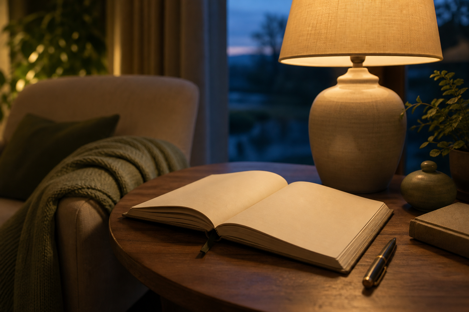 An open journal and a pen on a side table under a warm lamp, dusk in the window behind it.
