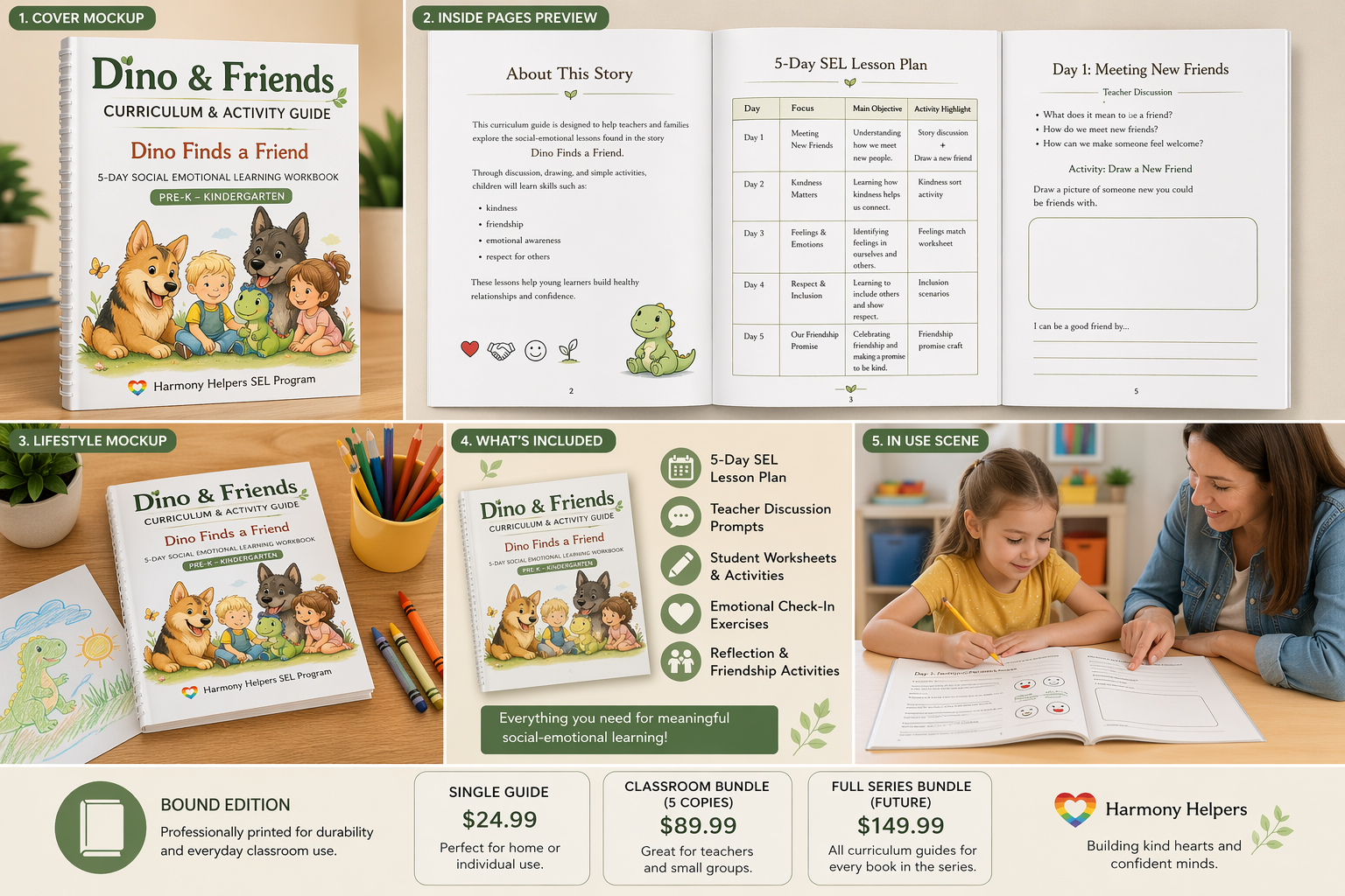 Sample pages from the Dino Finds a Friend SEL curriculum and activity guide