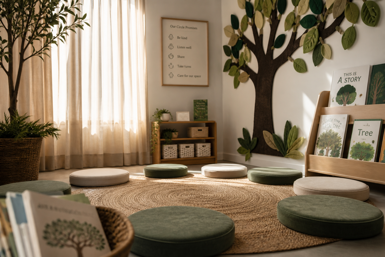 Cozy circle-time corner with books and soft light