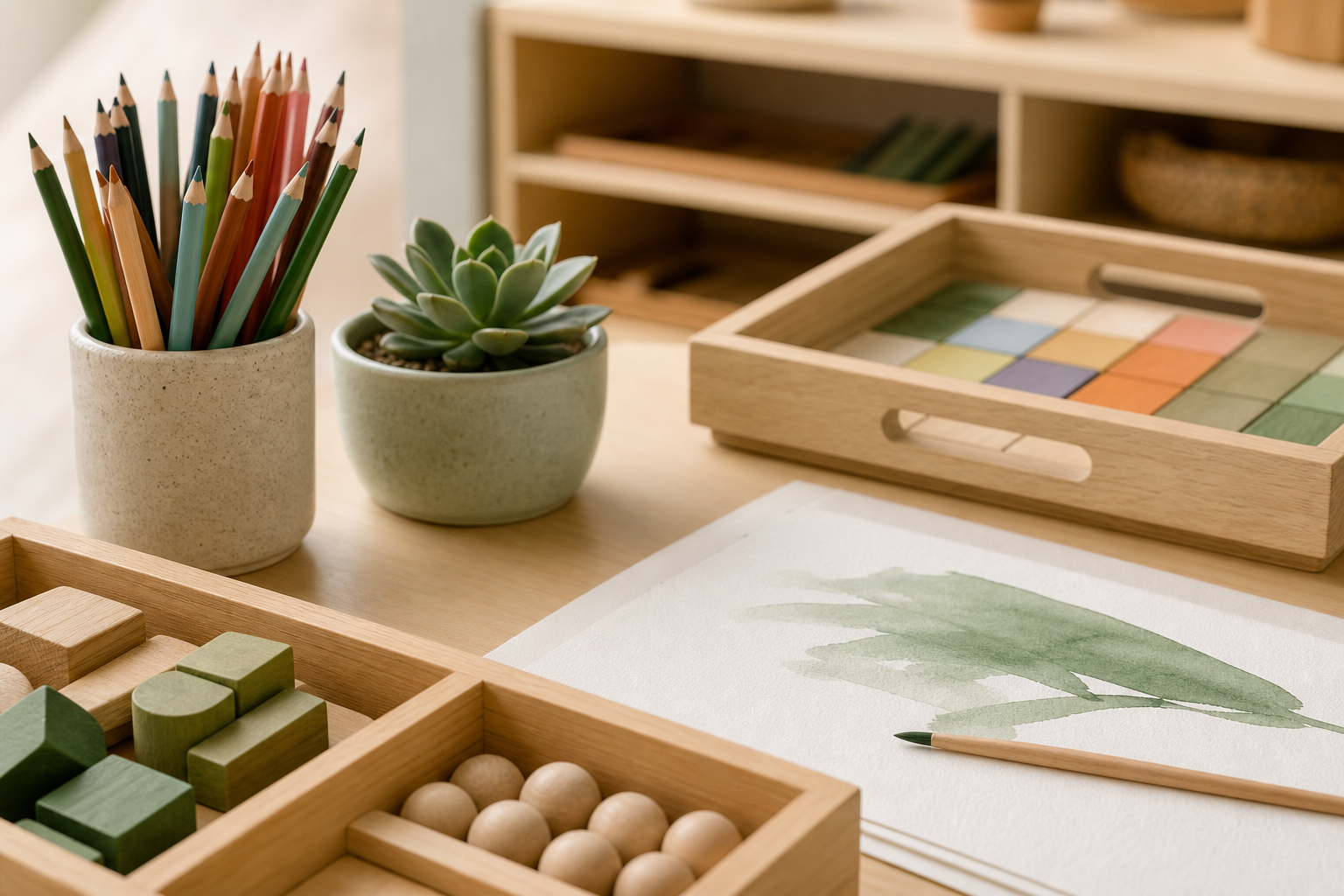 Wooden learning materials and art supplies on a table