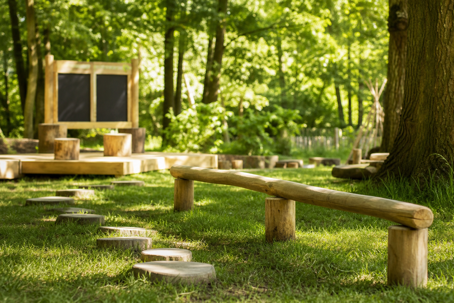 Outdoor nature play area with balance logs