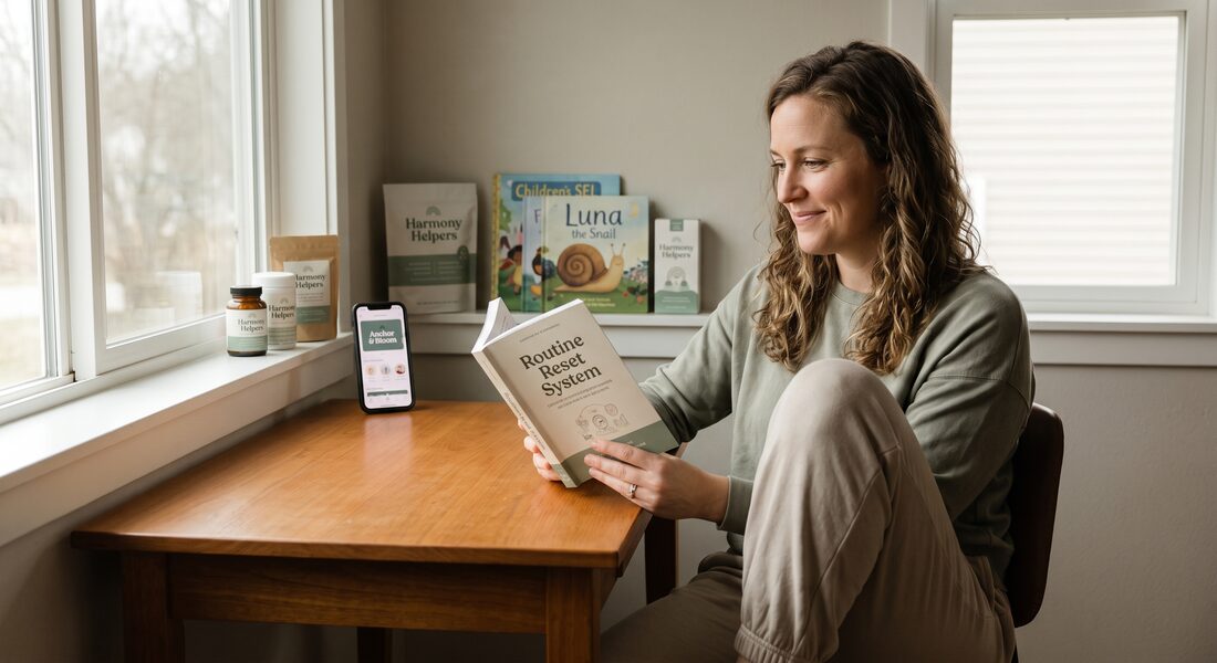 Lindsay Metternich at her desk in warm morning light, surrounded by notebooks, a laptop, and copies of the Harmony Helpers books.