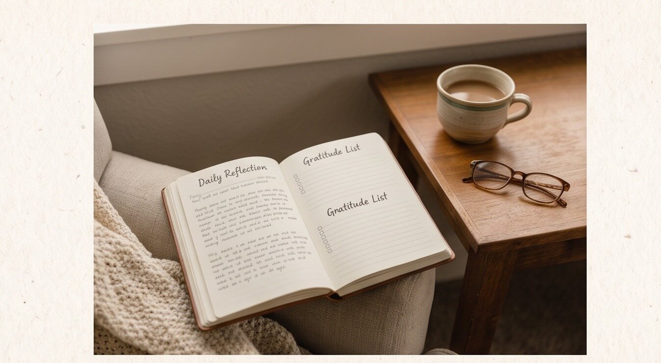 An open daily reset journal on a table in warm morning light.