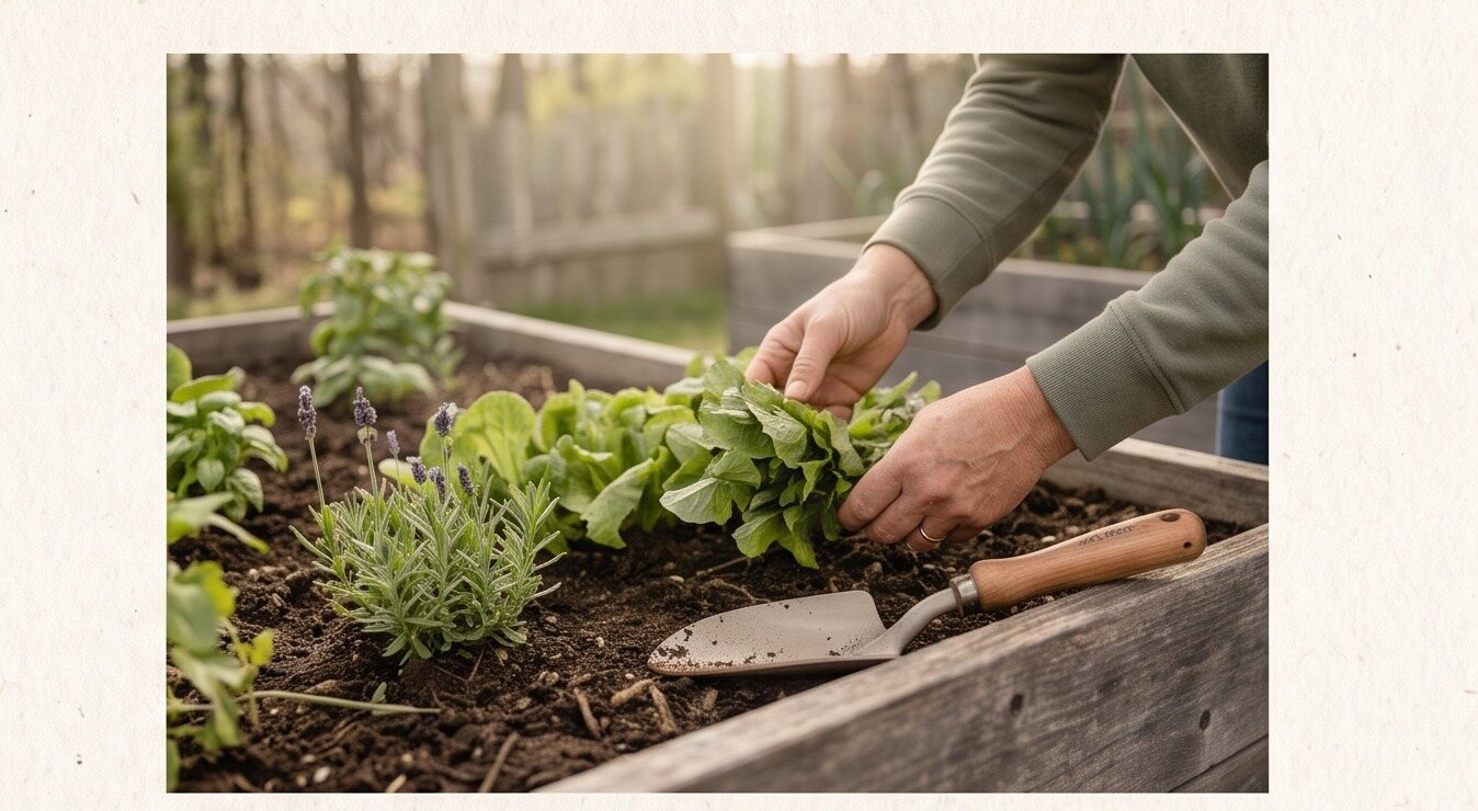 Hands lifting a head of lettuce in a raised garden bed planted with lavender and herbs.