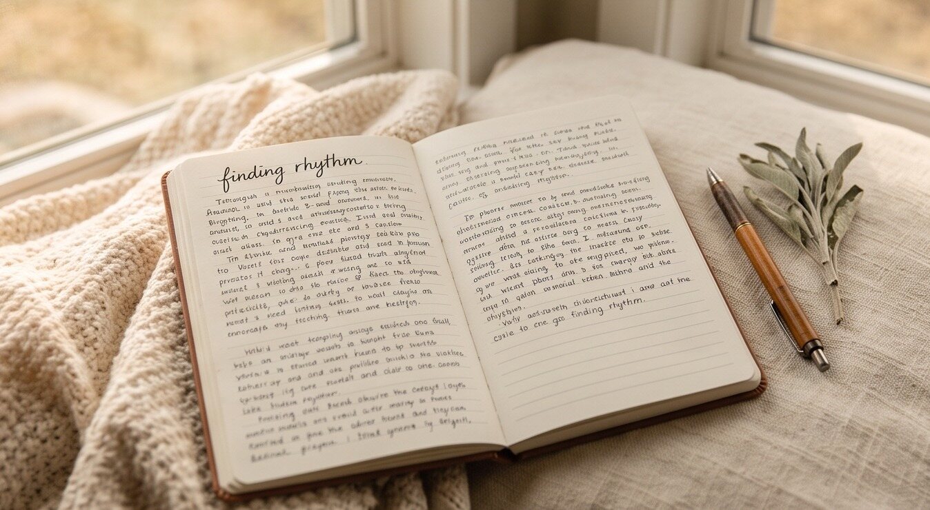 A handwritten journal titled Finding Rhythm, open on a knit blanket by a window with a pen and a sprig of sage.