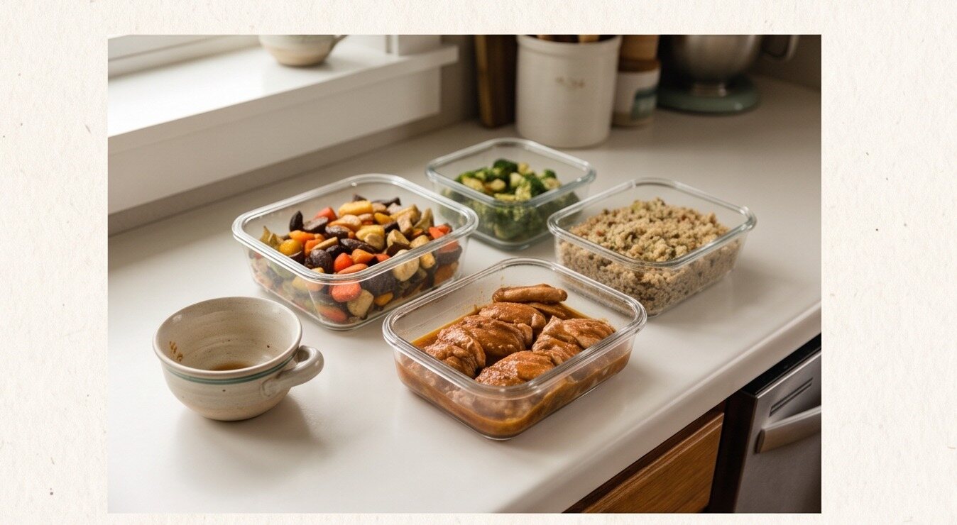 Four glass containers of batch-prepped food—roast vegetables, broccoli, grains, and chicken—on a clean kitchen counter.