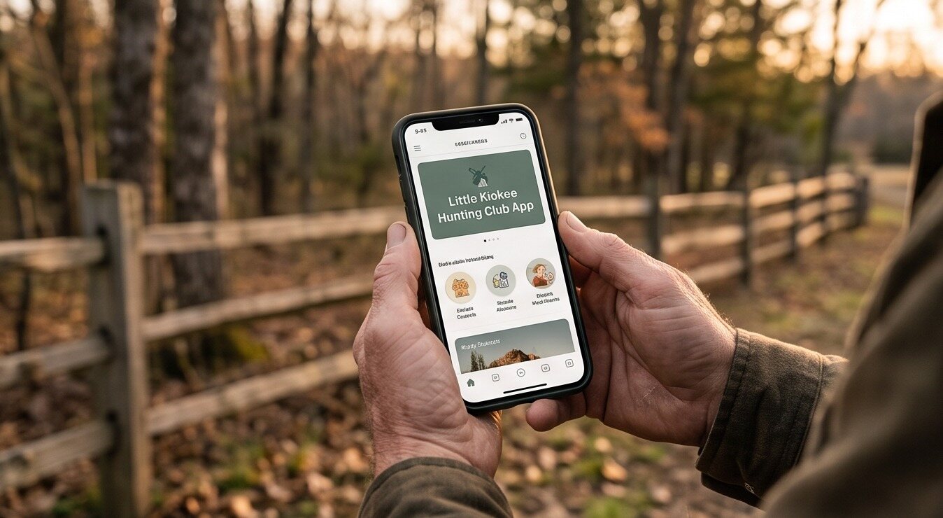 A phone showing the Little Kiokee Hunting Club app, held at a wooden fence line in autumn woods.