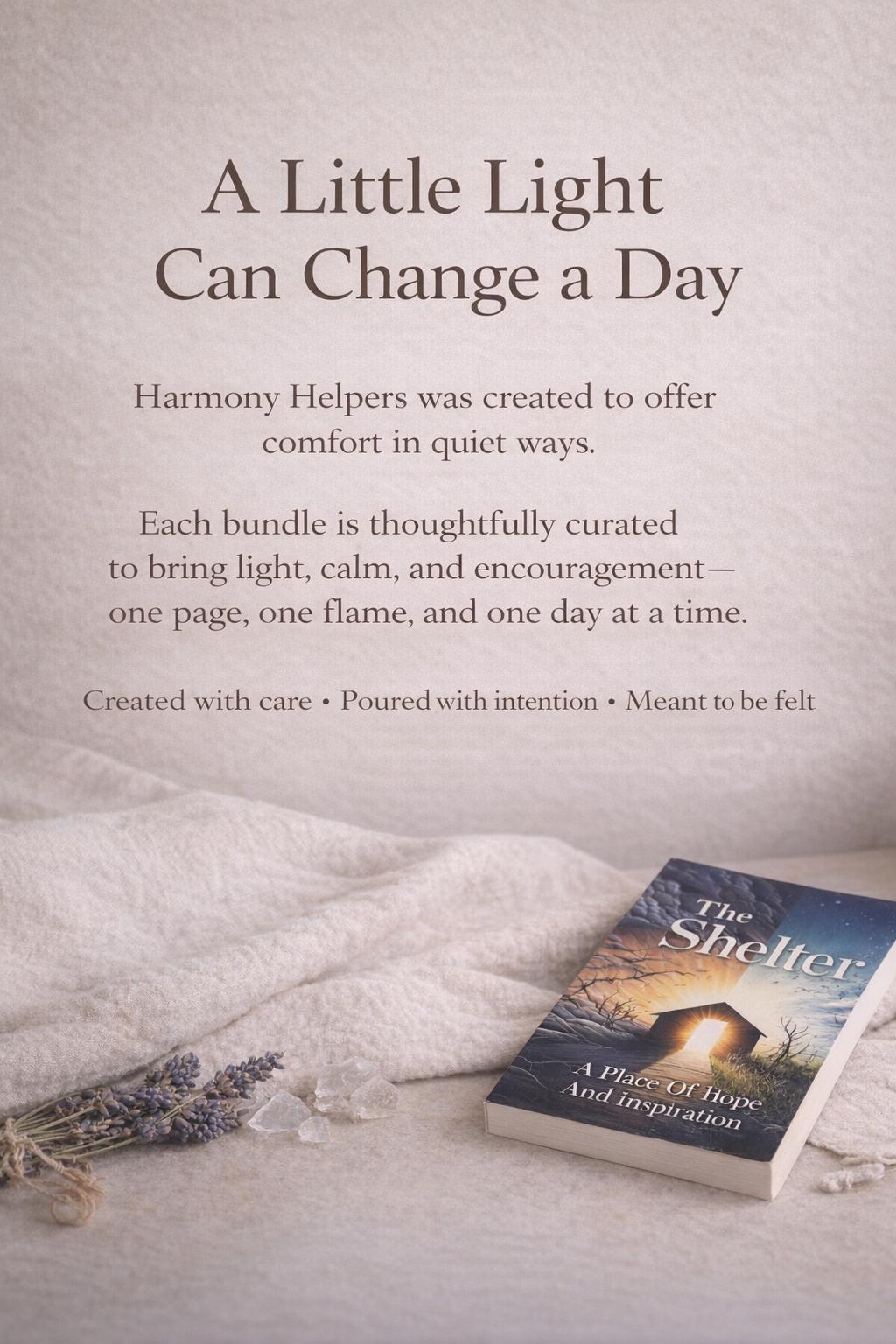 The same comfort bundle card and The Shelter, with dried lavender alongside.