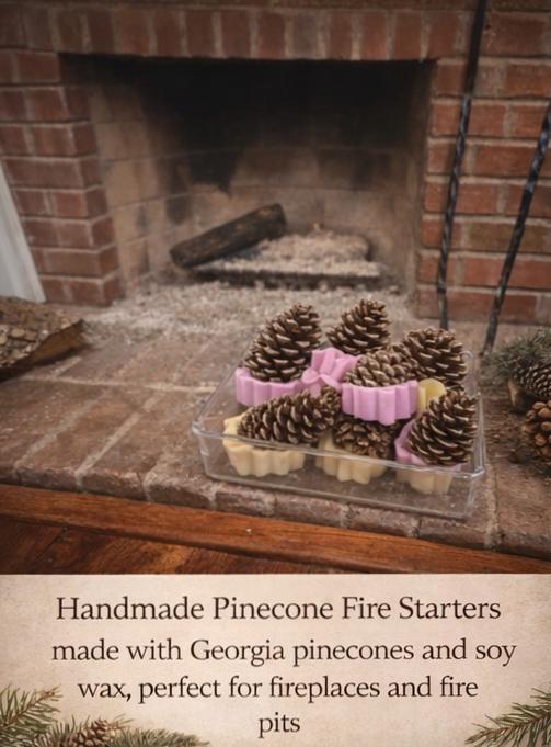 Handmade pinecone fire starters dipped in soy wax, set on a brick hearth by the fireplace.