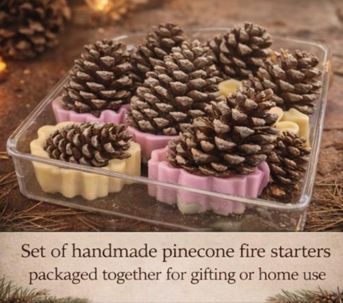 A packaged set of handmade pinecone fire starters, ready for gifting or the wood stove.