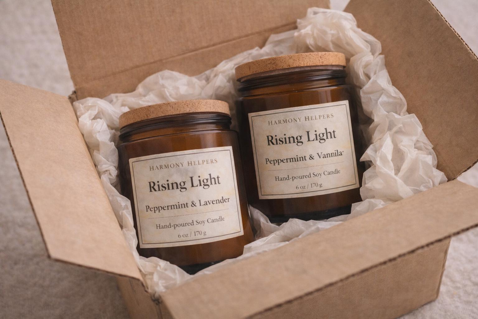 Two Rising Light candles nested in tissue inside a kraft gift box.