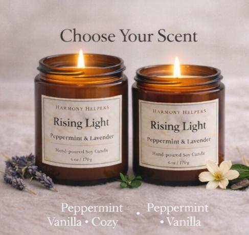 Two Rising Light candles side by side—Peppermint & Vanilla and Peppermint & Lavender—with lavender sprigs.