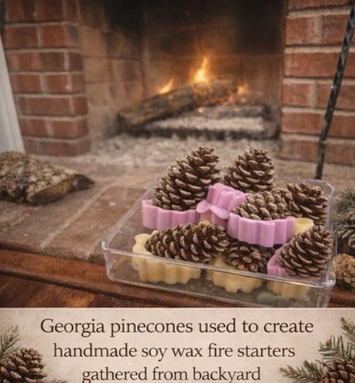 Georgia pinecones, gathered in our own backyard and dipped in soy wax, in front of a lit fireplace.